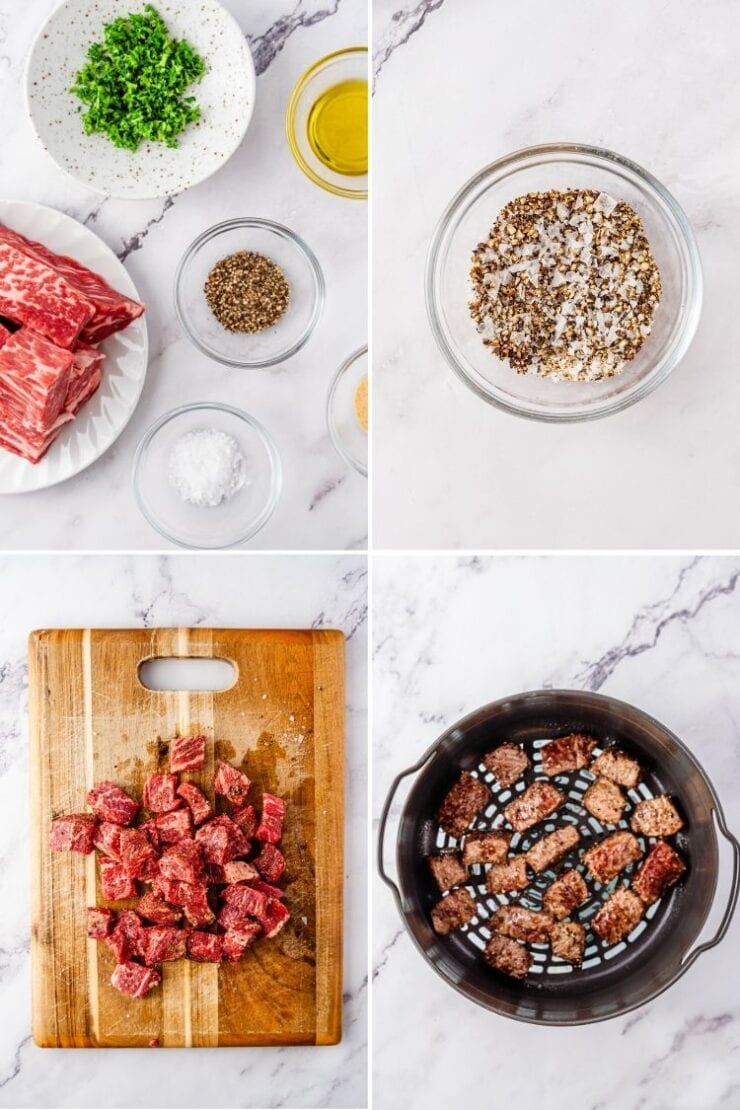 Four images show steps for preparing beef: chopped herbs and seasonings, a bowl of spice mix, cubed beef coated with spices on a cutting board, and seasoned beef cubes cooking in an air fryer basket.