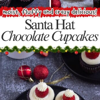 Chocolate cupcakes topped with white frosting and strawberries decorated to look like Santa hats, arranged on black plates with festive Christmas ornaments nearby. Text reads: “Santa Hat Chocolate Cupcakes.”.