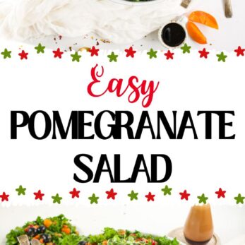 A bowl of leafy green salad topped with pomegranate seeds, pecans, and microgreens, surrounded by salad ingredients and utensils. Text overlay reads Easy Pomegranate Salad.