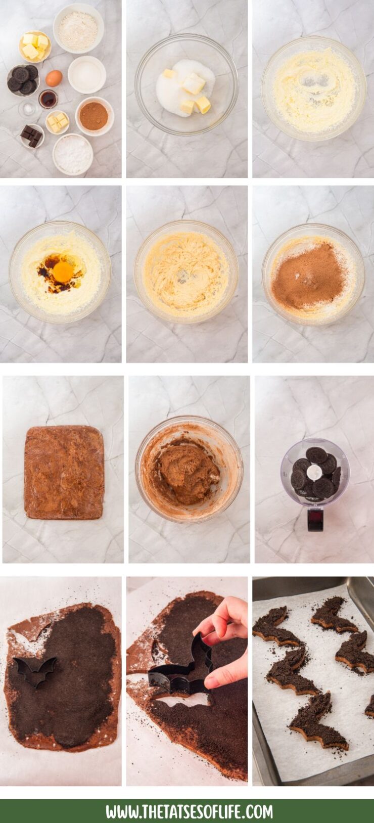 A step-by-step collage showing the process of making chocolate cookies: mixing ingredients, blending dough, rolling and cutting the dough into shapes, and placing them on a baking sheet.