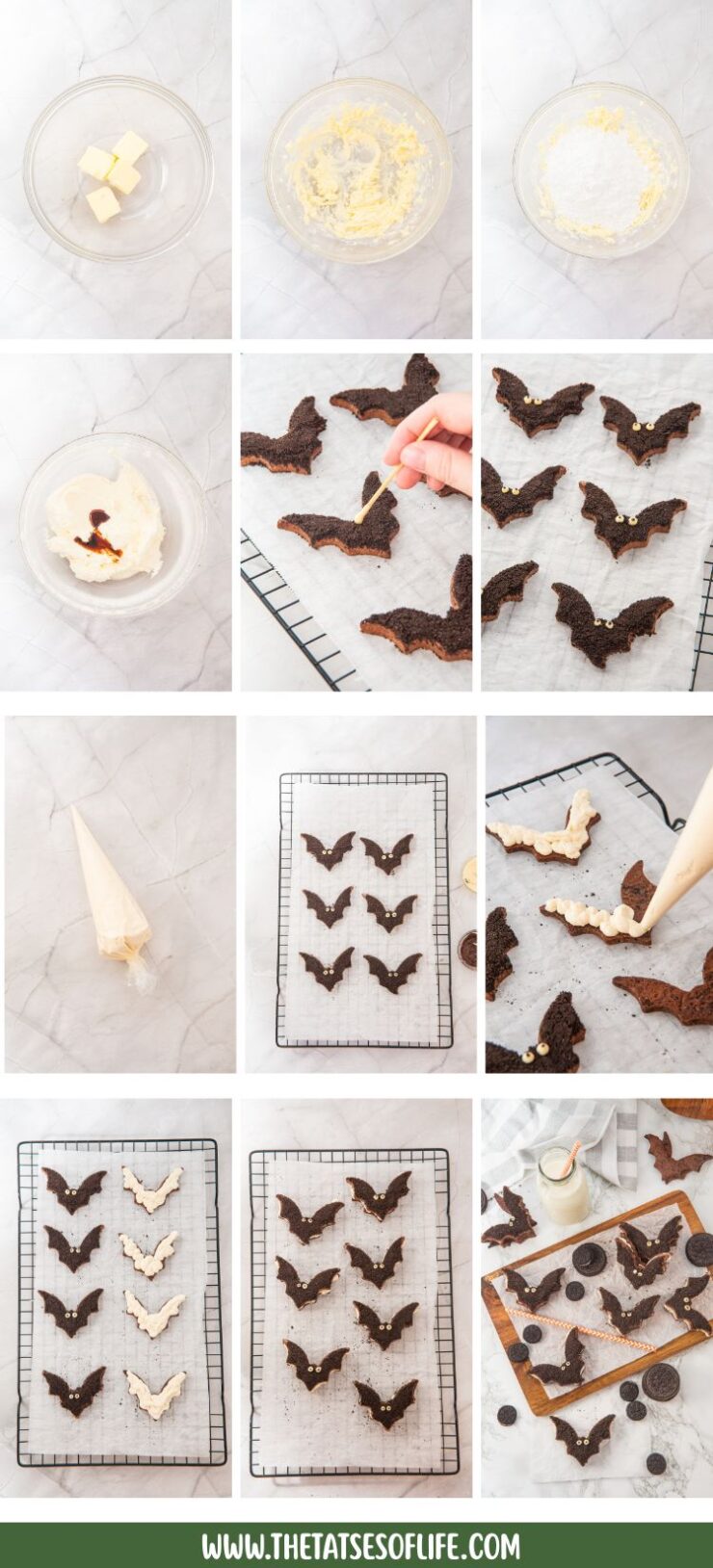 Step-by-step process of making bat-shaped chocolate cookies: mixing ingredients, shaping bat cookies, baking, piping white icing onto them, and laying finished cookies on a wire rack. Recipe source at the bottom.