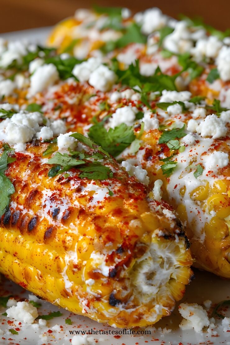 Close-up of grilled corn on the cob topped with crumbled cheese, chopped cilantro, chili powder, and a creamy sauce. The corn is golden and slightly charred, with vibrant garnishes.