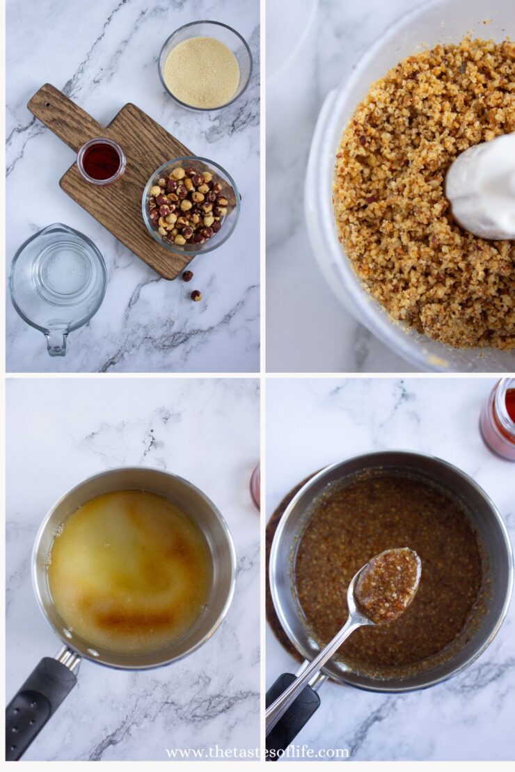 A collage of four images shows ingredients and steps to make a nut and honey mixture: hazelnuts, honey, water, and semolina, ground and mixed in a bowl, melted in a saucepan, and a spoonful of the combined mixture.