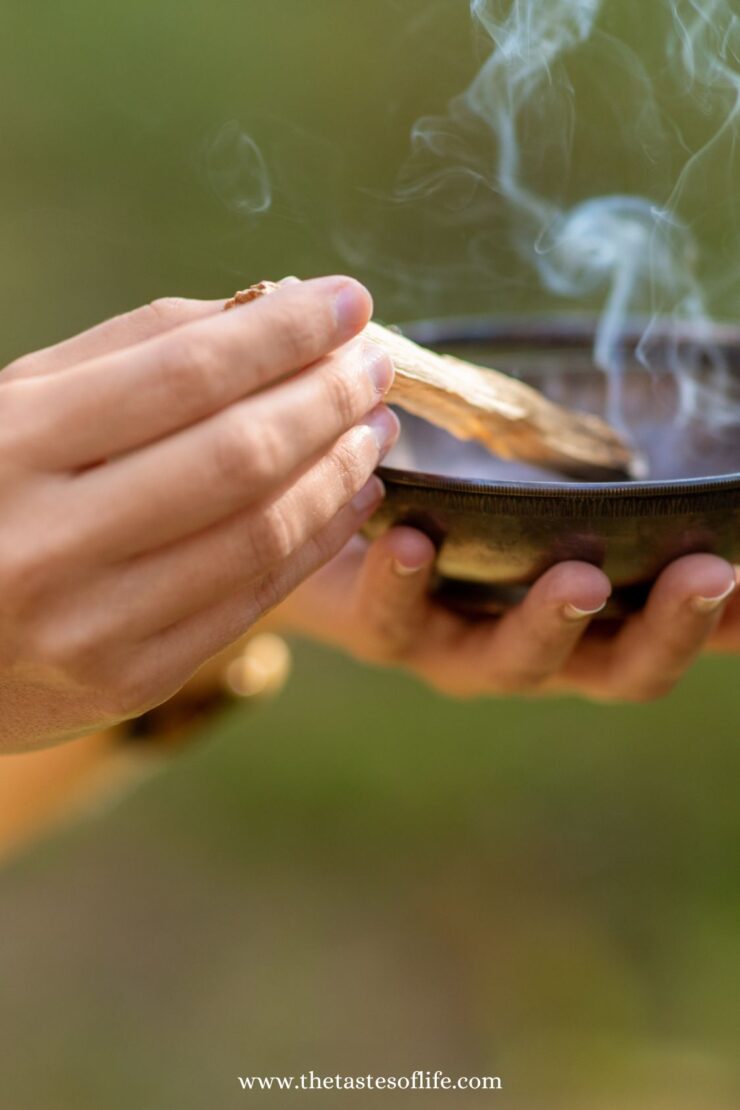 A hand holds a small bowl with rising smoke while another hand places a piece of burning wood inside it. The background is blurred, creating a peaceful atmosphere. Website text appears at the bottom: www.thetastesoflife.com.