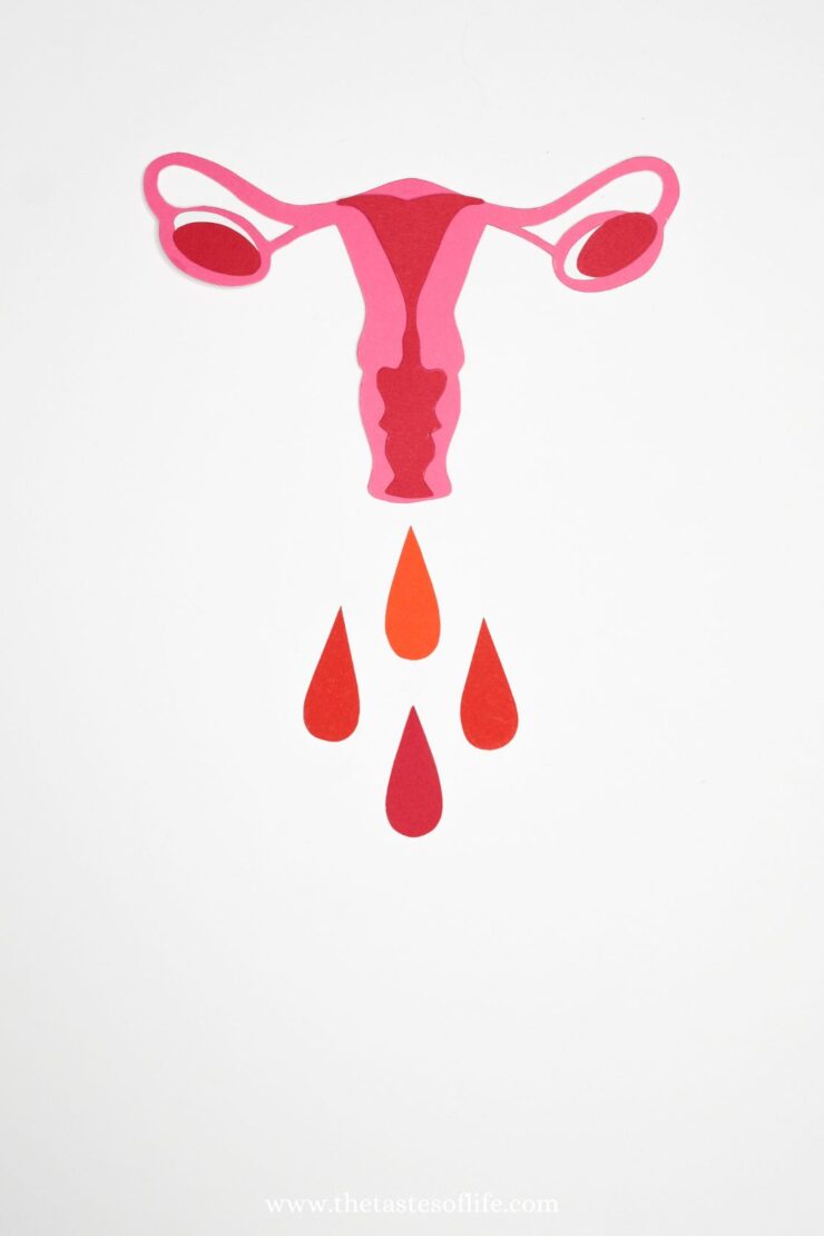 A paper cutout of a uterus with red and orange blood drops falling from it, symbolizing menstruation, on a white background.