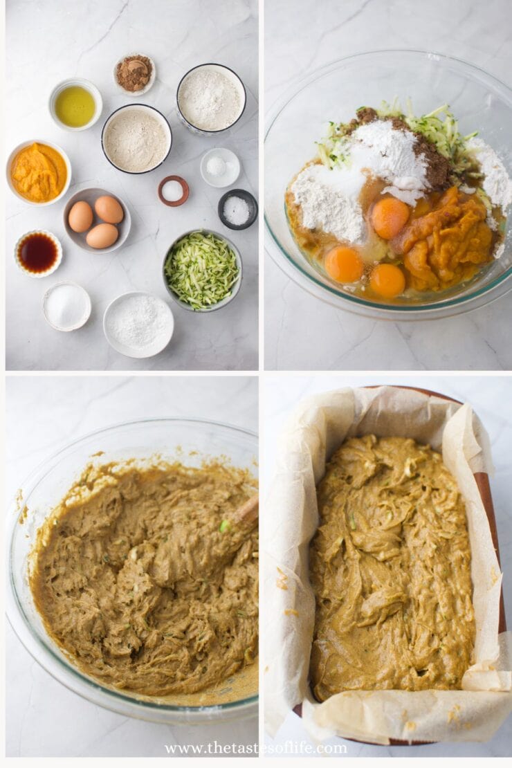 Four images show steps for making zucchini pumpkin bread: ingredients measured out, ingredients combined in a bowl, the mixed batter, and the batter spread in a parchment-lined loaf pan, ready to bake.