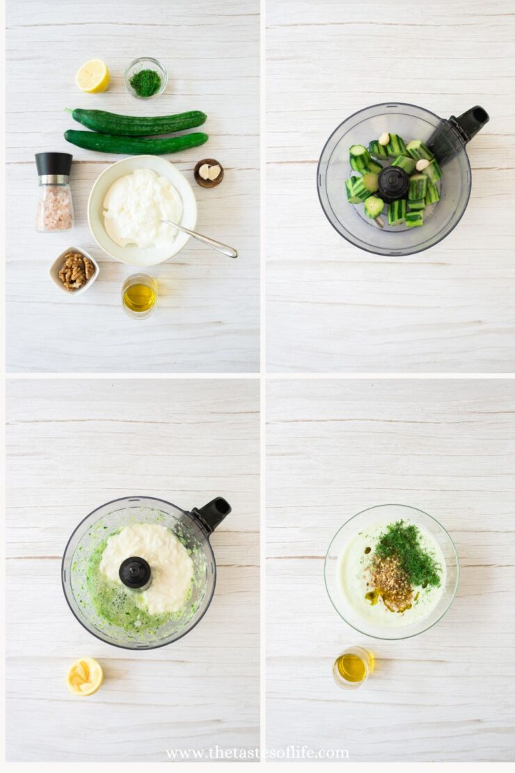 Step-by-step images showing ingredients for tzatziki sauce, a food processor with cucumber and garlic, then blended with yogurt, lemon, and herbs, and the final creamy mixture topped with dill and spices.