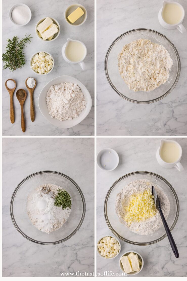 Four-step collage showing biscuit ingredients: fresh rosemary, butter, cream, flour, and seasonings laid out, then mixed in a bowl, chopped rosemary added, and finally butter mixed into the dough on a marble countertop.