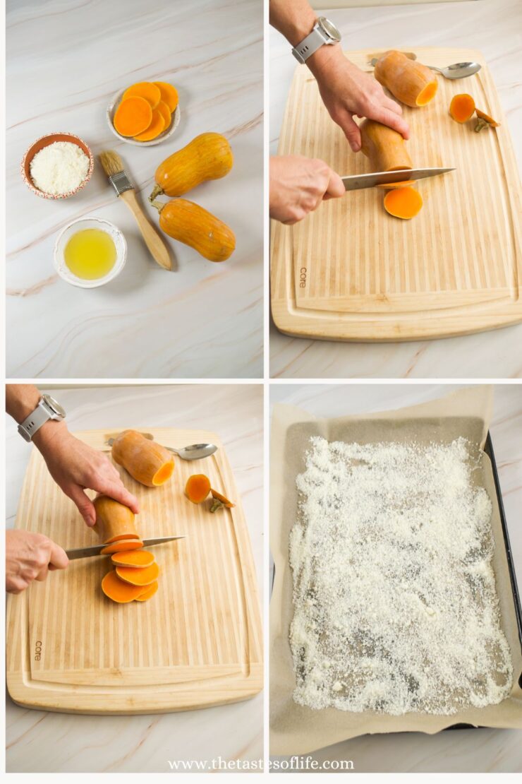 A collage shows hands slicing butternut squash on a wooden board, bowls with oil and grated cheese, and a baking tray lined with parchment paper sprinkled with cheese.