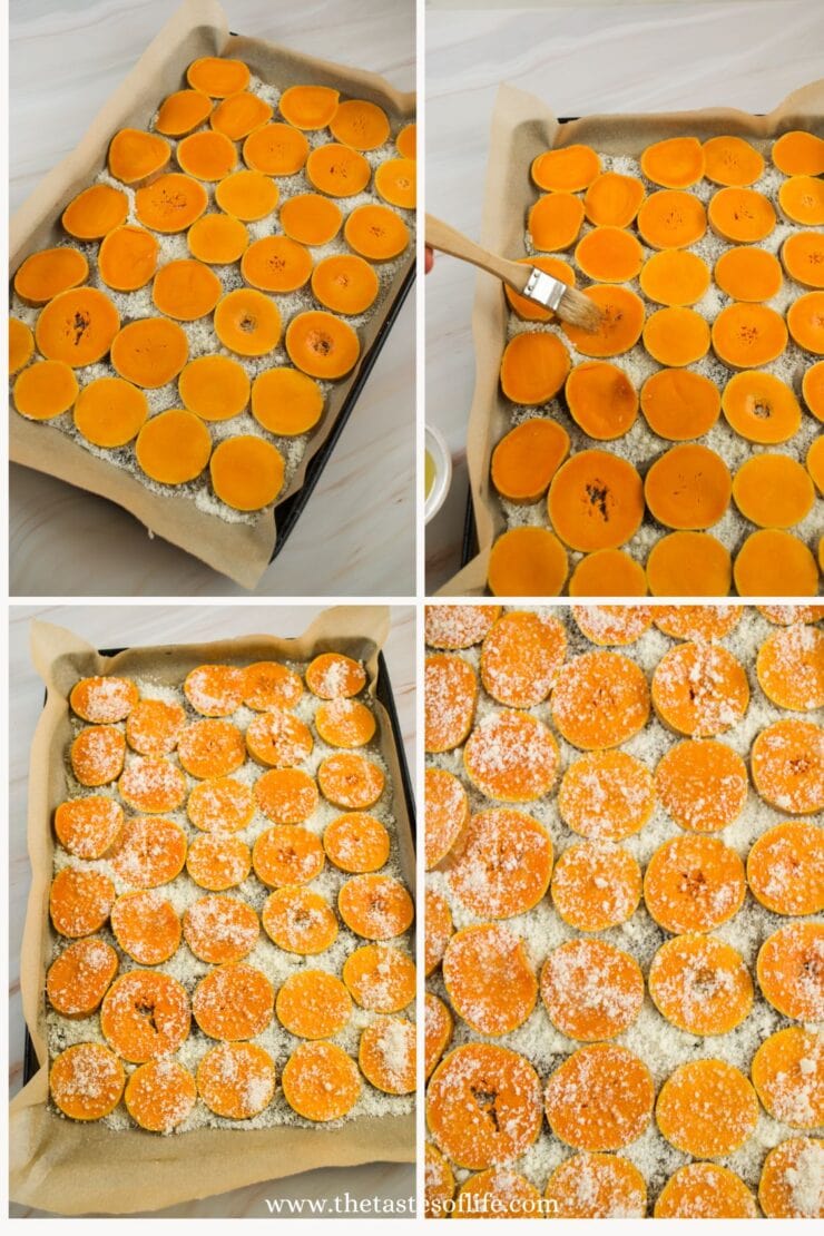 Four images show the process of making a baked dish with sliced orange vegetables, possibly sweet potatoes, arranged on rice in a baking tray. The slices are brushed with oil and sprinkled with grated cheese.
