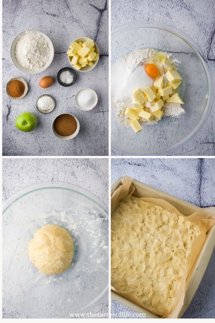 Four images show: 1) ingredients for a dough (flour, butter, sugar, egg, cinnamon, apple) laid out, 2) ingredients combined in a bowl, 3) formed dough ball in a bowl, 4) dough pressed into a parchment-lined baking pan.