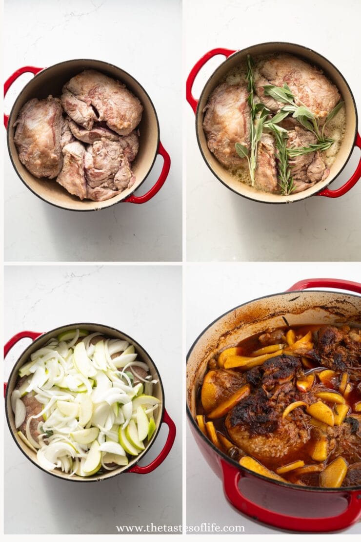 Four-step cooking process in a red Dutch oven: browned meat, meat with herbs in broth, meat topped with sliced onions and apples, and finished dish with tender meat, onions, and apples in rich sauce.