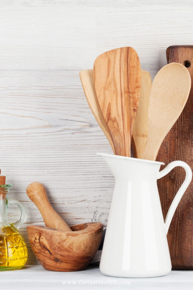 Wooden non-toxic utensils on the countertop.