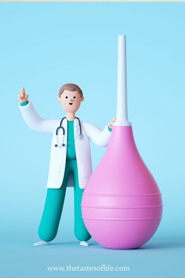 A cartoon doctor with a stethoscope stands next to a large pink enema bulb, raising one finger as if giving advice on how to revitalize your hormones naturally with coffee enemas, set against a light blue background.
