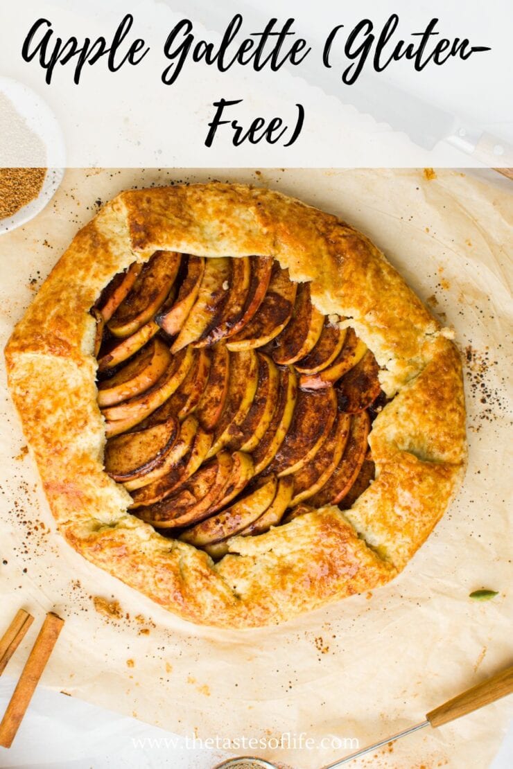 A rustic, golden-brown apple galette with apple slices arranged in the center, on parchment paper. Text reads “Apple Galette (Gluten-Free).” Cinnamon sticks and sugar are visible nearby.