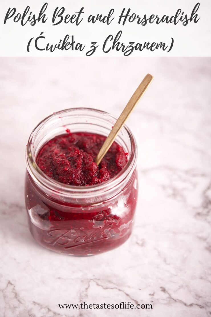 A glass jar filled with Polish Beet and Horseradish (Ćwikła z Chrzanem) sits on a marble surface with a gold spoon inside. Text above reads Polish Beet and Horseradish (Ćwikła z Chrzanem).