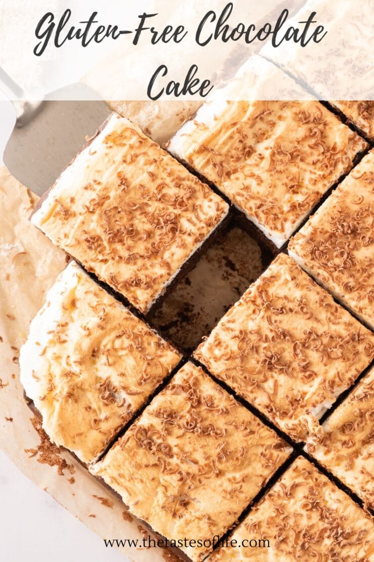 Nine square pieces of gluten-free chocolate cake topped with creamy frosting and chocolate shavings, arranged in a baking tray, with a cake server lifting one piece. The text &ldquo;Gluten-Free Chocolate Cake&rdquo; appears at the top.