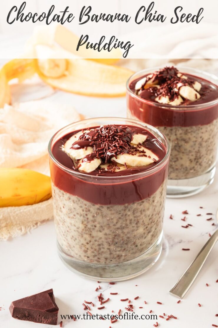 Two glass cups of chocolate banana chia seed pudding topped with banana slices, chocolate sauce, and chocolate shavings, with a banana and chocolate pieces nearby on a light surface. Text reads Chocolate Banana Chia Seed Pudding.&rdquo;.