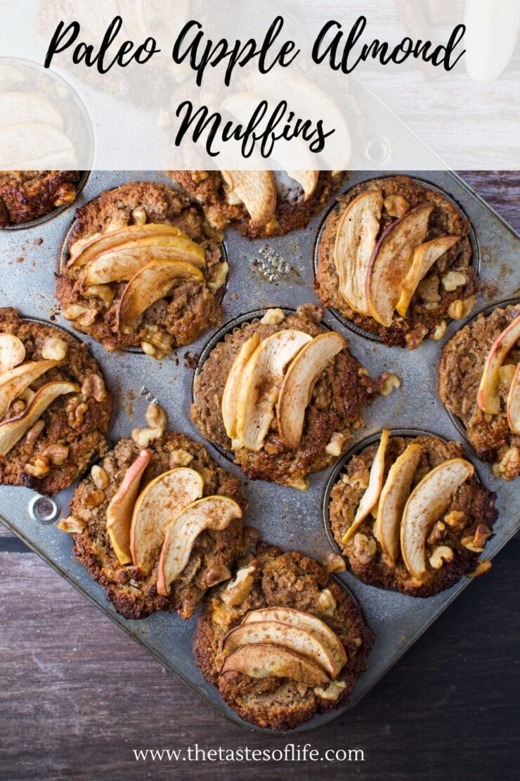 A muffin tin filled with paleo apple almond muffins, topped with sliced apples and nuts, sits on a wooden surface. The text reads: &ldquo;Paleo Apple Almond Muffins&rdquo; and &ldquo;www.thetastesoflife.com.&rdquo;.