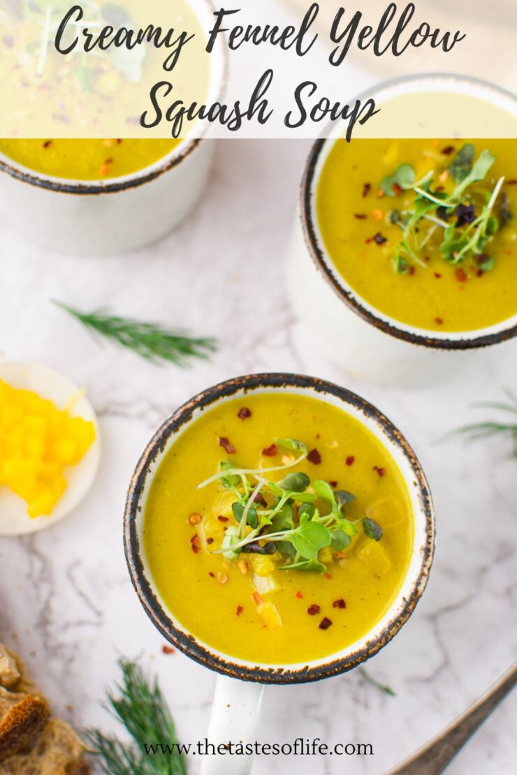 Three bowls of creamy yellow squash soup topped with microgreens and red pepper flakes sit on a marble surface, with fresh dill and bread nearby. Text at the top reads, Creamy Fennel Yellow Squash Soup.