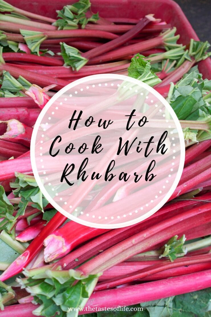 A pile of fresh rhubarb stalks with green leaves, overlaid with a white circular text that reads How to Cook With Rhubarb.