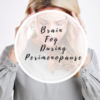 A woman with blonde hair holds her temples with both hands, appearing stressed; a circular overlay reads Brain Fog During Perimenopause. Website www.thetastesoflife.com is at the bottom.