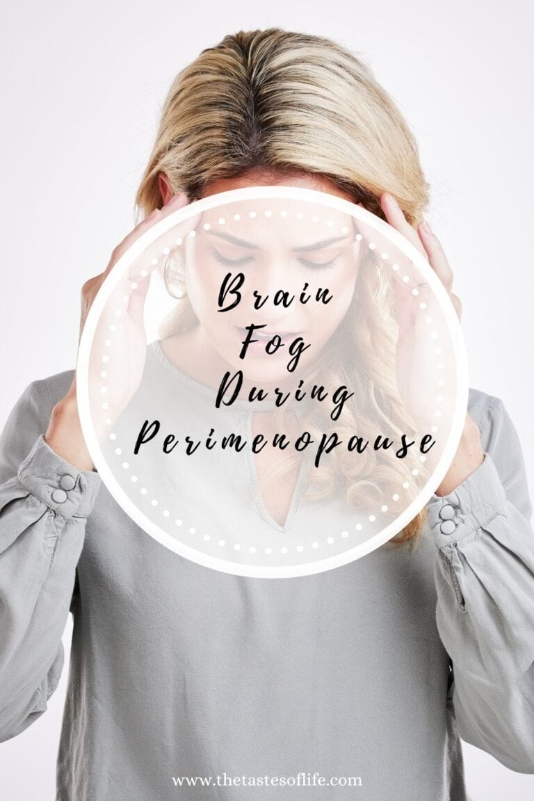 A woman with blonde hair holds her temples with both hands, appearing stressed; a circular overlay reads Brain Fog During Perimenopause. Website www.thetastesoflife.com is at the bottom.