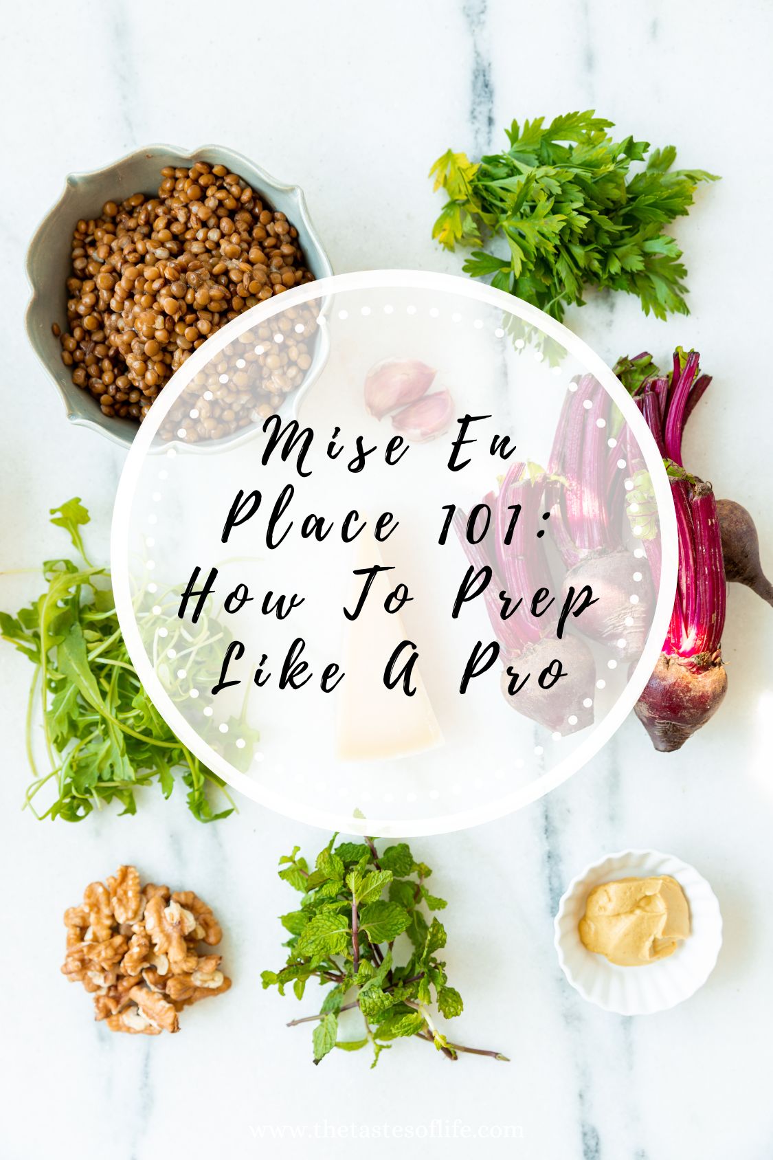 Soft focus image of fresh herbs, root vegetables, lentils, walnuts, and mustard on a light marble surface for holistic cooking inspiration.