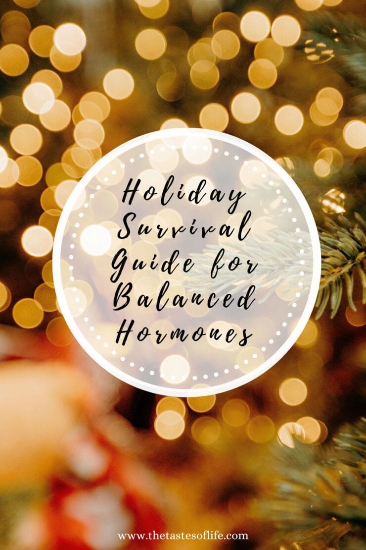 A festive background with blurred holiday lights and tree branches, overlaid with a white dotted circle containing the text: Holiday Survival Guide for Balanced Hormones.