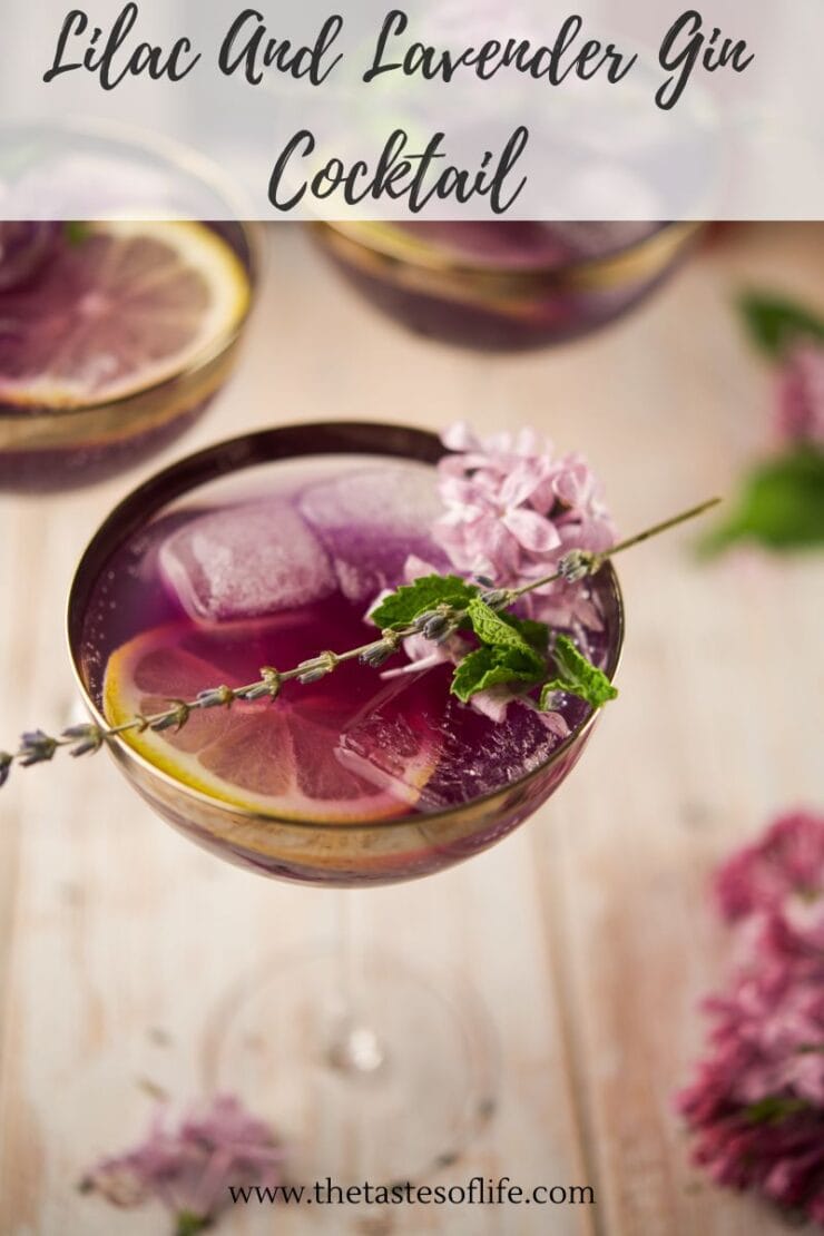 A purple gin cocktail garnished with a lemon slice, ice cubes, a sprig of lavender, mint, and lilac flowers, served in a coupe glass. Text reads Lilac And Lavender Gin Cocktail.