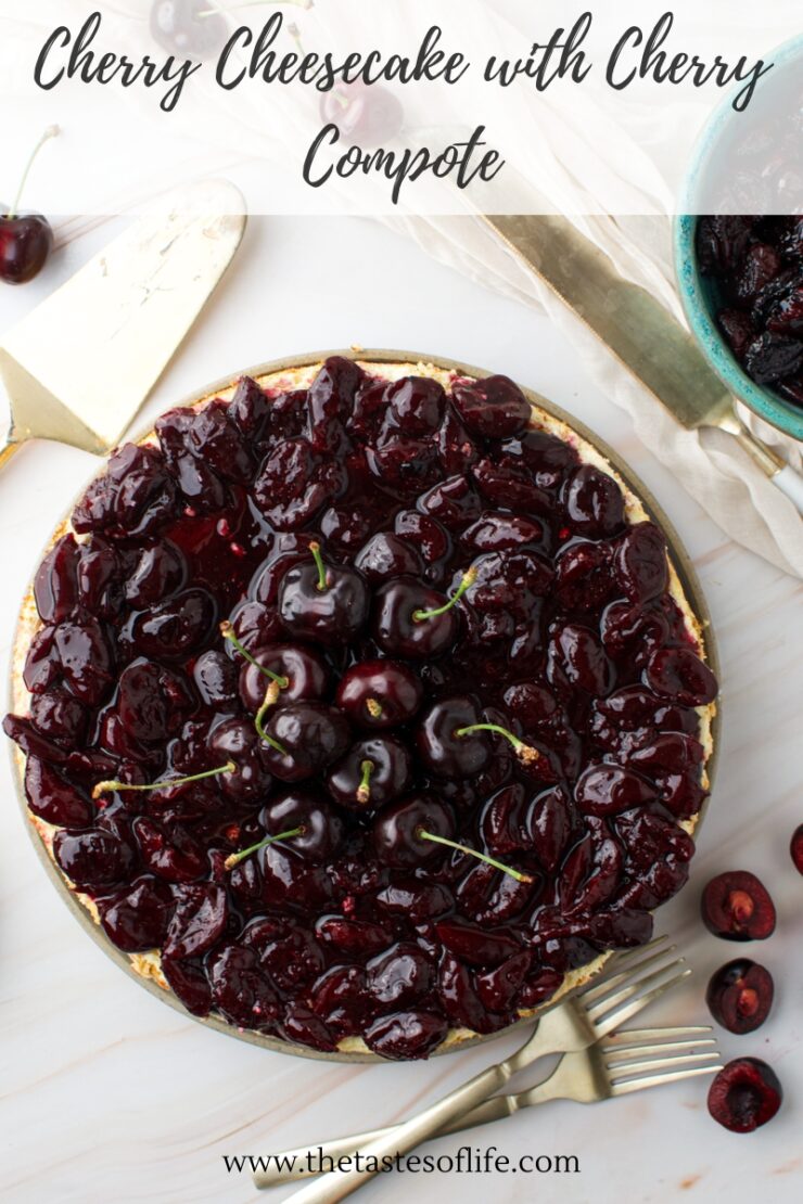 Top view of a cherry cheesecake topped with cherry compote, surrounded by fresh cherries and serving utensils on a light surface. The text above reads Cherry Cheesecake with Cherry Compote.