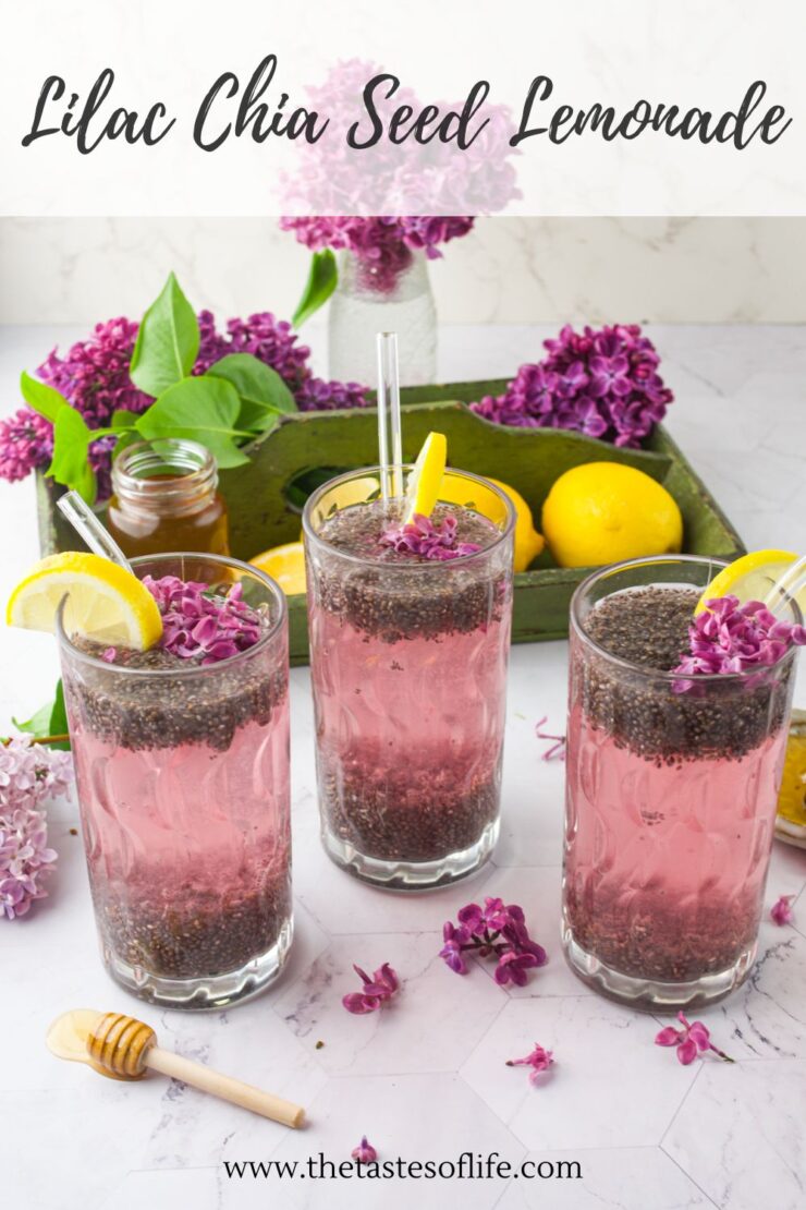 Three glasses of pink lilac chia seed lemonade, garnished with lemon slices and lilac flowers, are surrounded by lemons, honey, and fresh lilacs on a white surface. A honey dipper and glass straws are also visible.