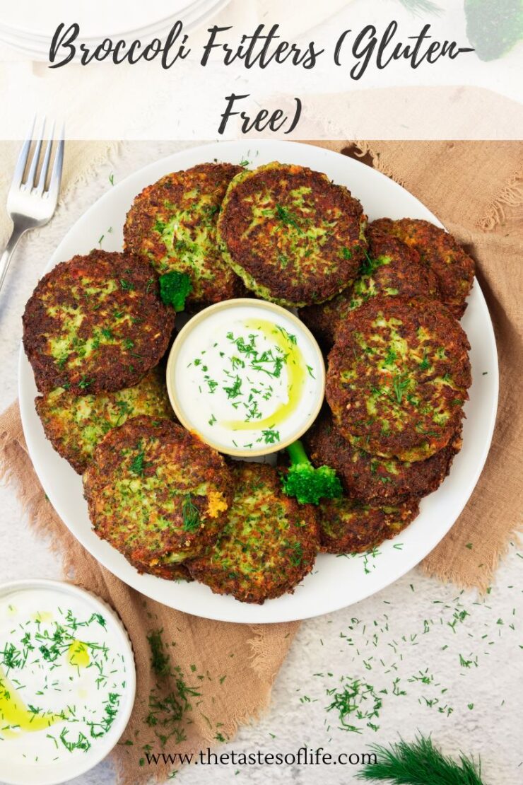 A plate of golden-brown broccoli fritters arranged around a bowl of creamy dip, garnished with fresh herbs. The text Broccoli Fritters (Gluten Free) appears at the top of the image.