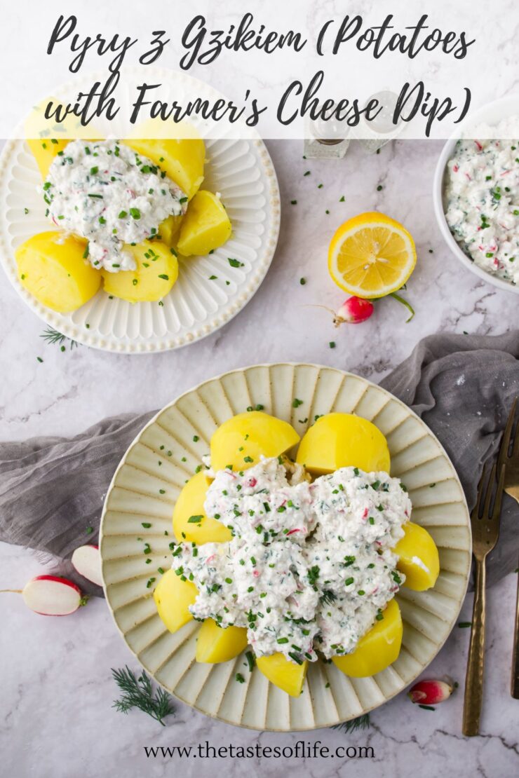 Boiled potatoes topped with a creamy farmers cheese dip, chives, and chopped radishes. Served on two plates with a lemon and radishes nearby.