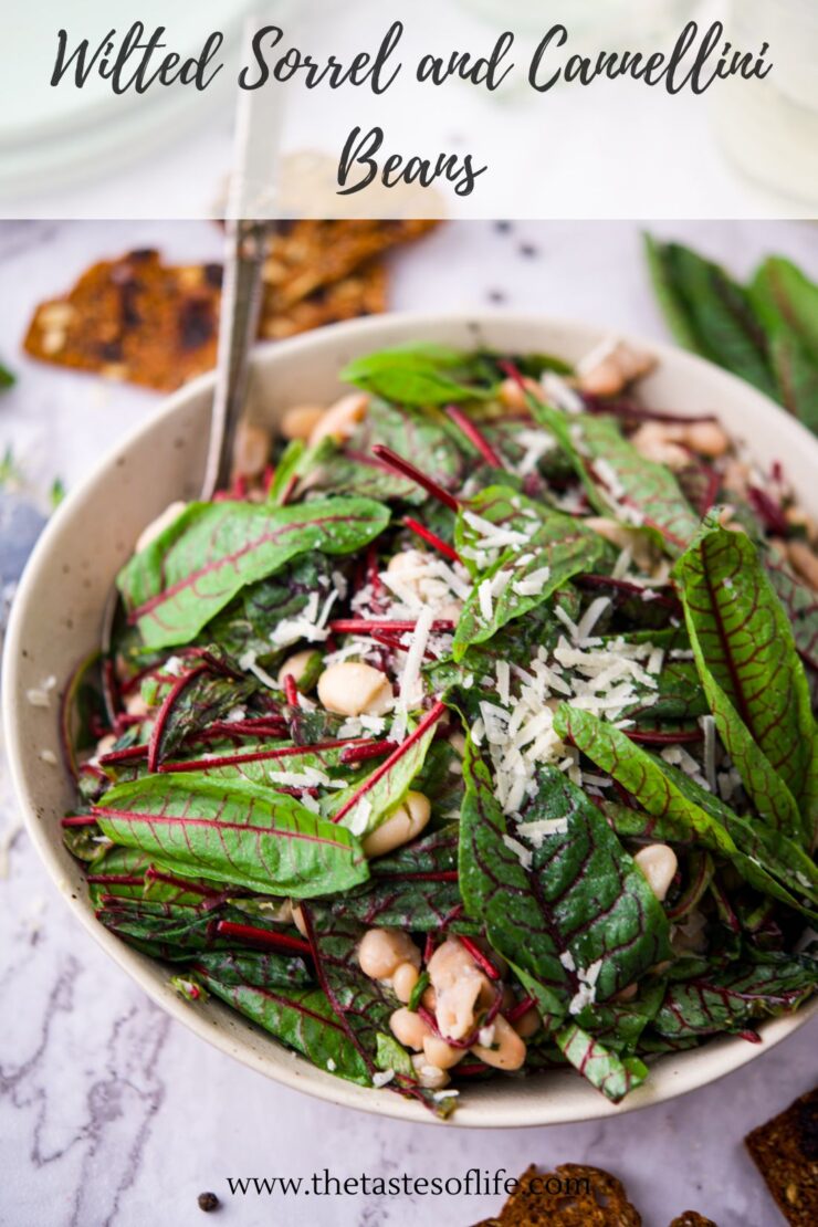 A bowl of wilted sorrel and cannellini bean salad topped with grated cheese, served with a spoon. The dish is garnished with fresh sorrel leaves and placed on a white surface.