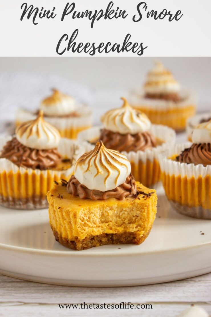 Mini pumpkin smore cheesecakes with chocolate and meringue topping on a plate. One cheesecake in front has a bite taken out, revealing the creamy pumpkin filling and graham crust. The background shows more cheesecakes.