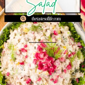 A bowl of tuna salad with chopped vegetables and fresh dill, served on a bed of lettuce, with “Spring Tuna Salad” and “Gluten-Free Recipe” text overlaid at the top and bottom of the image.