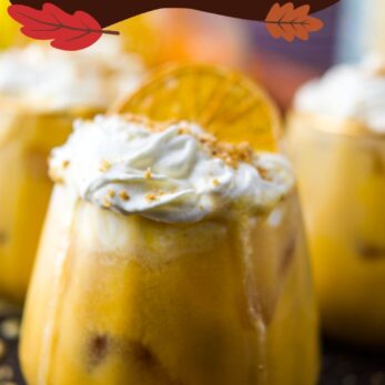 A orange Creamy Pumpkin Pie Spiced Mezcal Cocktail in a glass, topped with whipped cream and a dried orange slice, surrounded by autumn leaves and text: The Best Ever Creamy Mezcal Pumpkin Pie Spiced Cocktail.