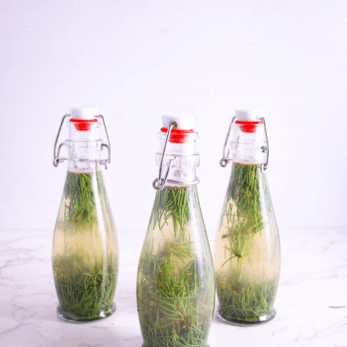 Three glass bottles with swing-top lids are filled with a light-colored liquid and green pine needles, arranged on a white marble surface against a light background.