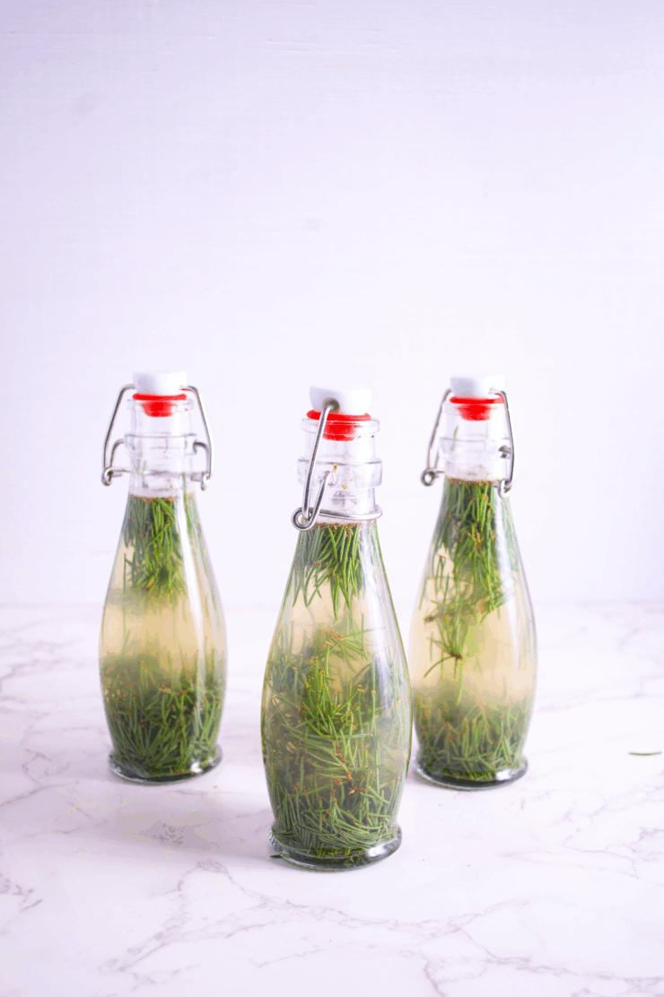 Three glass bottles with swing-top lids are filled with a light-colored liquid and green pine needles, arranged on a white marble surface against a light background.