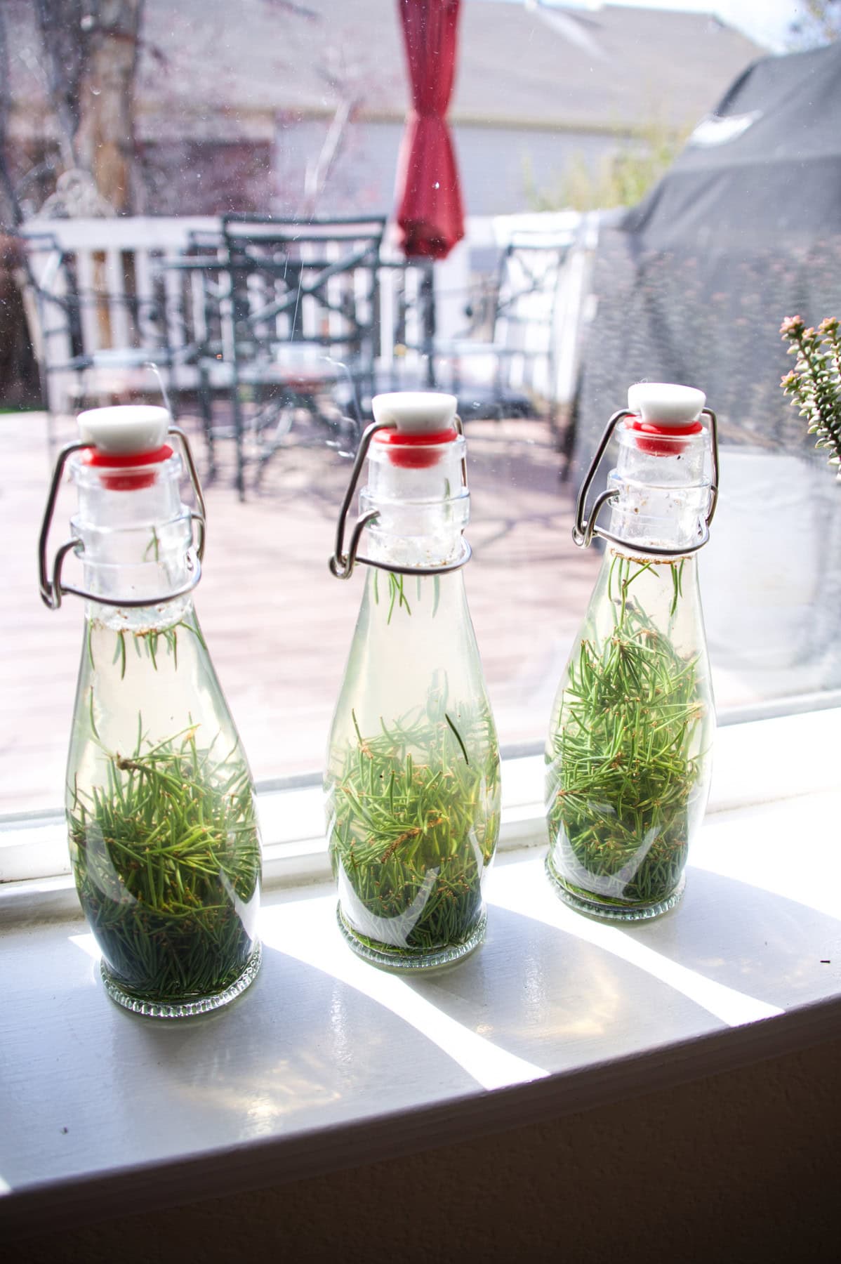 Three glass bottles filled with clear liquid and green pine needles sit on a sunny windowsill, with a patio and outdoor furniture visible through the window.