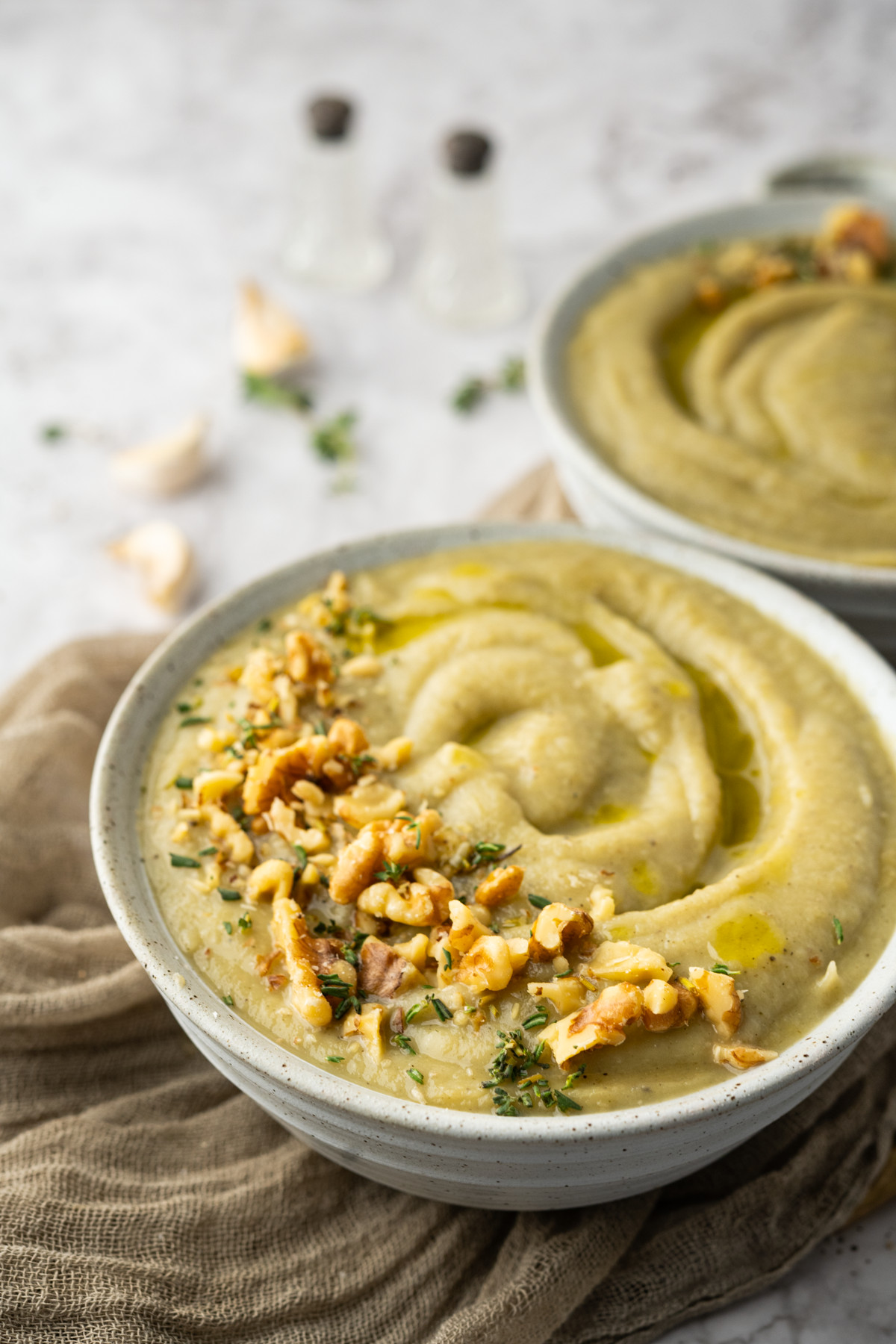 Two bowls of Creamy Leek and Celeriac Soup