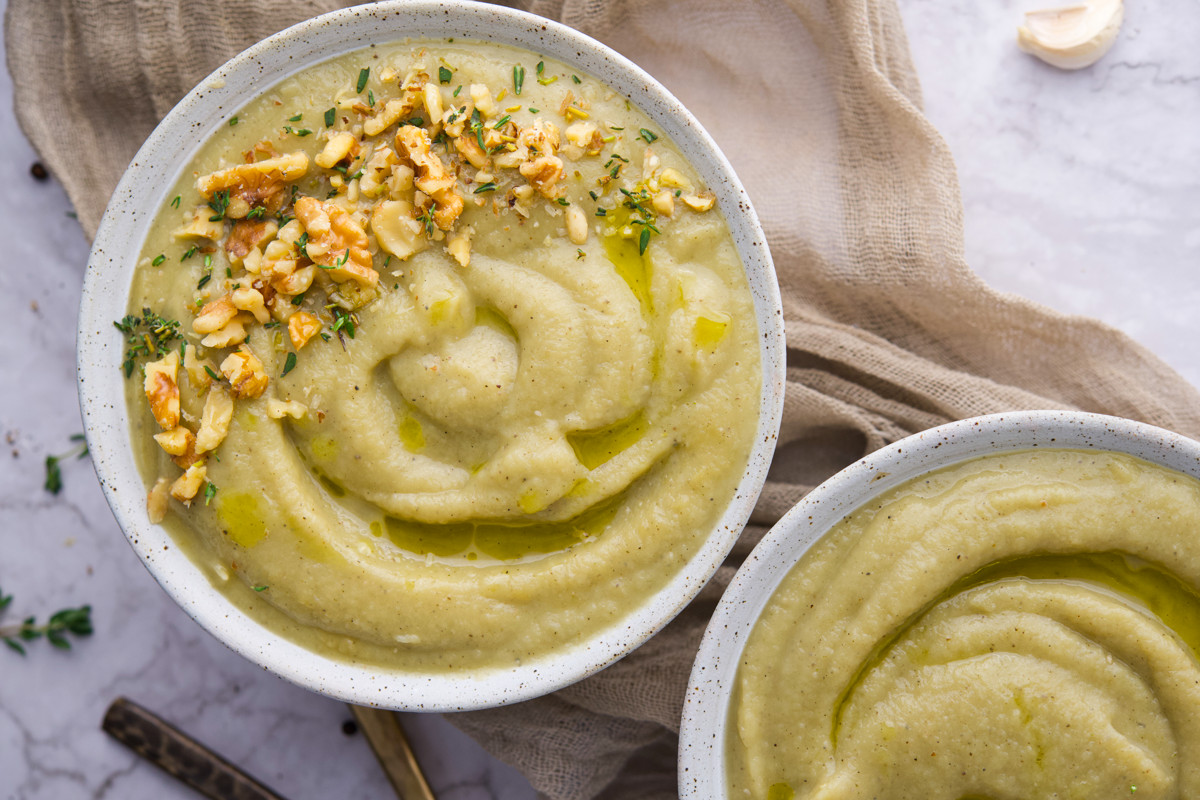 Two bowls of Creamy Leek and Celeriac Soup
