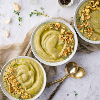 Three bowls of Creamy Leek and Celeriac Soup