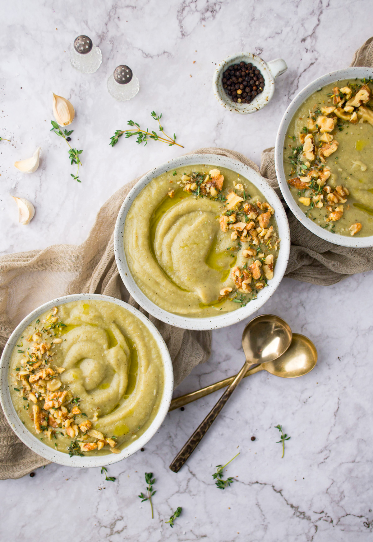 Three bowls of Creamy Leek and Celeriac Soup