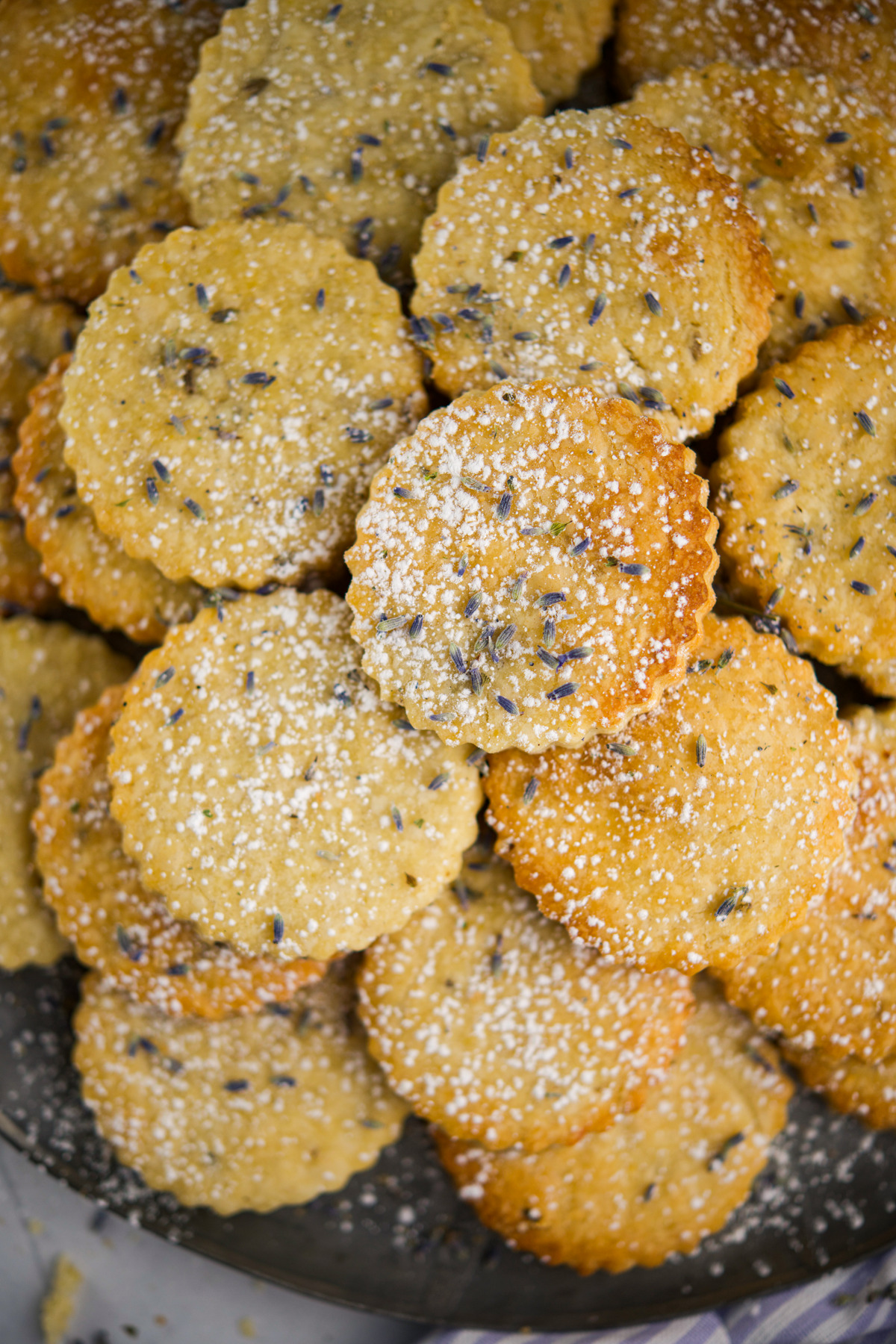 A close-up of a plate filled with round lavender shortbread cookies, sprinkled with powdered sugar and lavender buds. The cookies have a golden-brown color and scalloped edges.