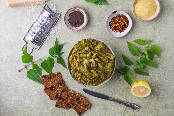 A bowl of nettle pistachio pesto with pistachios, surrounded by crackers, nettle leaves, half a lemon, spices, a cheese grater, and a knife on a light green surface.