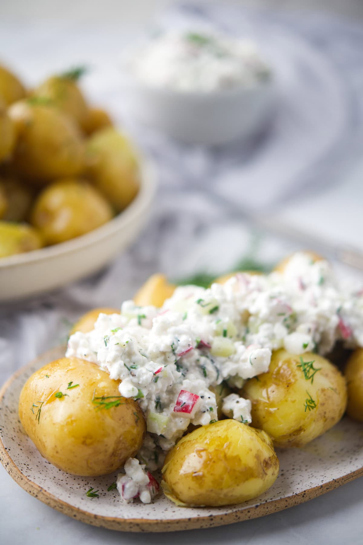 A plate of cooked baby potatoes topped with a creamy cottage cheese salad garnished with herbs, with a bowl of plain baby potatoes and another bowl of salad in the background.