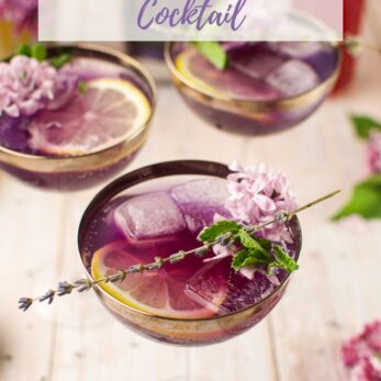 A close-up of a Lilac And Lavender Gin Cocktail with ice, lemon slices, and garnishes of lilac flowers and lavender, served in elegant glasses on a light wooden surface. Text overlay reads: Lilac And Lavender Gin Cocktail.