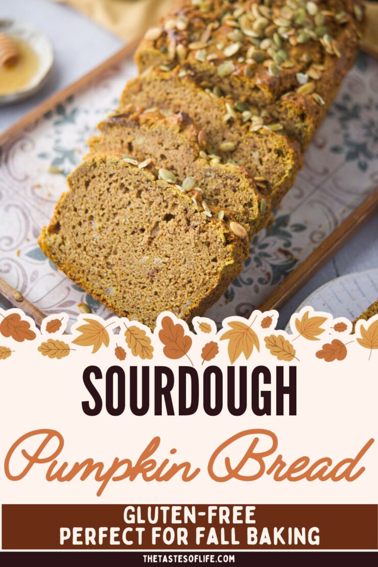 Sliced Sourdough Pumpkin Bread Gluten-Free topped with seeds on a patterned plate, surrounded by autumn-themed decorations and text: Sourdough Pumpkin Bread Gluten-Free, Perfect for Fall Baking.
